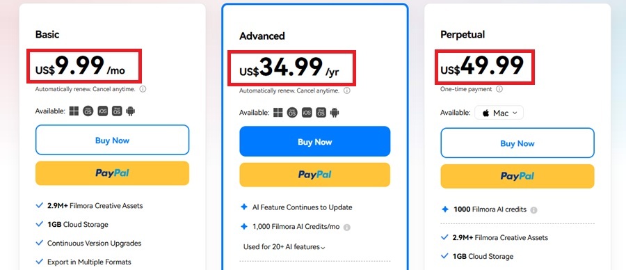 wondershare filmora price and plan