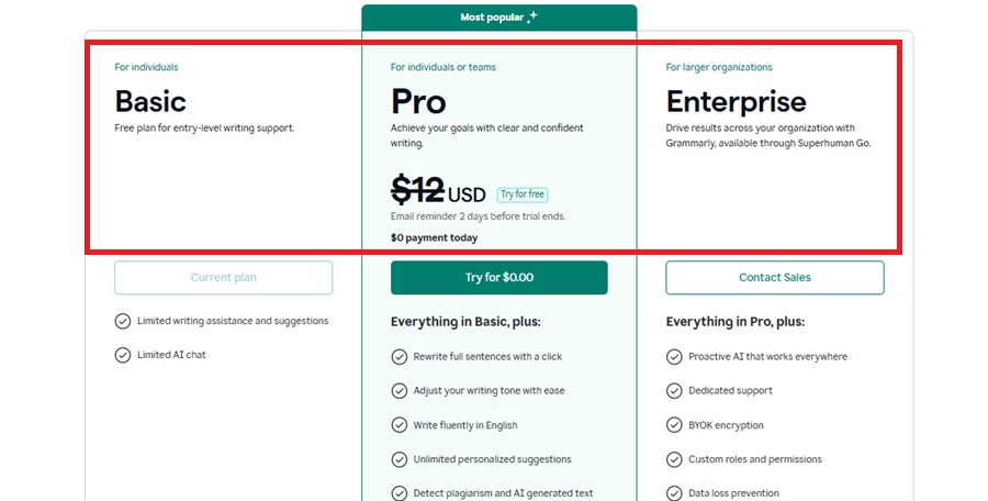 grammarly pricing plan